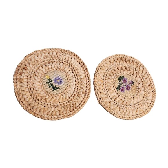Vintage Handwoven Trivet With Needlepoint Floral Design Set Of 2 9.5-Inch Diamet - Picture 1 of 6